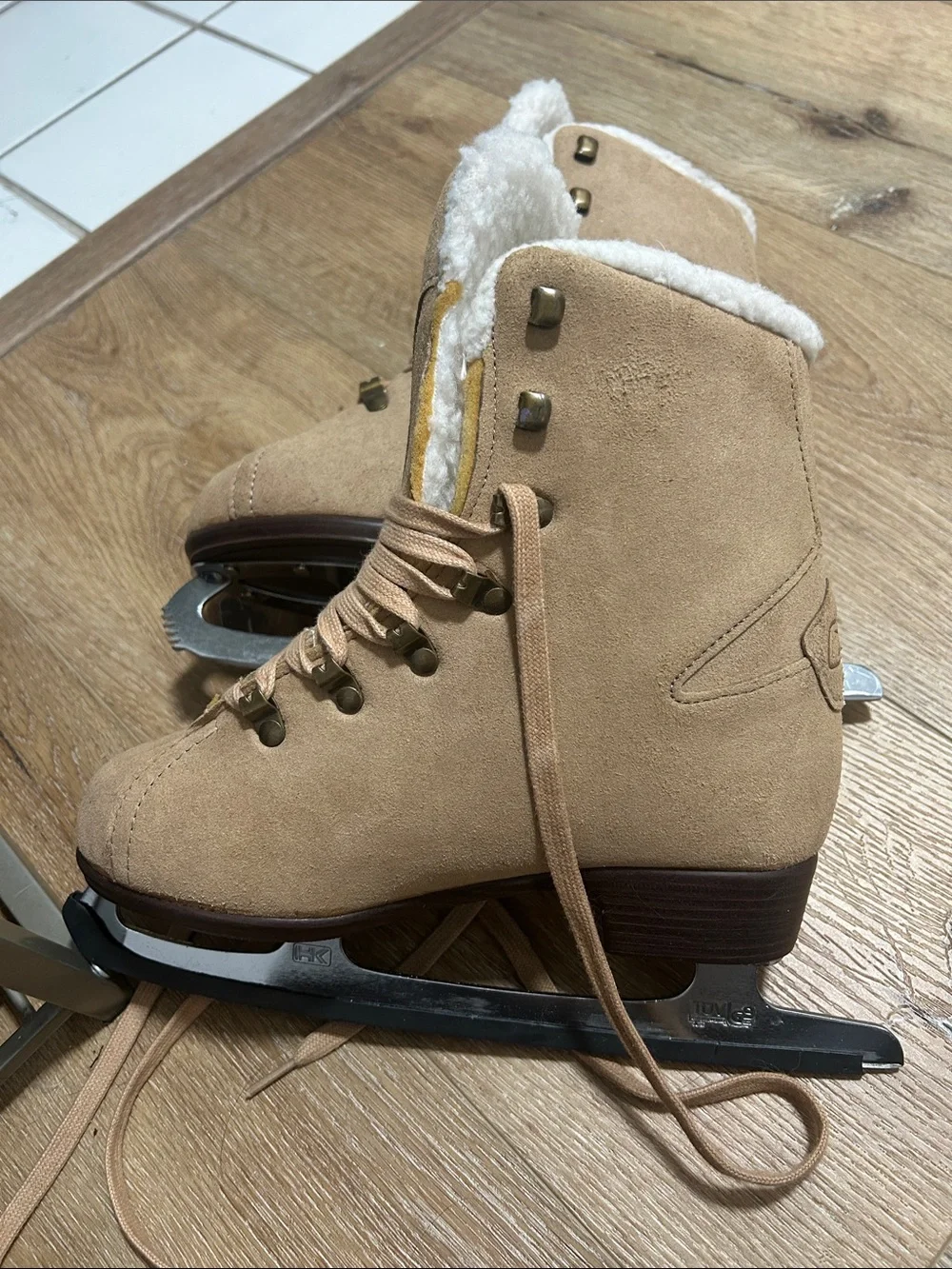 Reebok Women's Tan Suede Ice Skates with wool lining.
